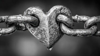 A close-up, grayscale image features a metal heart-shaped object connecting two chain links. A single drop hangs from the point of the heart