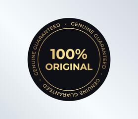 Premium Quality Badge, 100 Percent Original Seal In Black And Gold. Genuine Guaranteed Round Label For Branding, Packaging, Ecommerce, And Product Trust On Light Gradient. Vector Illustration