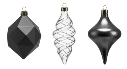 Modern black and silver Christmas tree ornaments set with geometric and spiral shapes, elegant holiday decorations perfect for festive decor