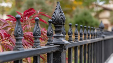 A black ornate fence in a garden with colorful foliage, creating a picturesque outdoor scene with shallow depth of field