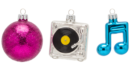 Pink glitter Christmas ornament ball, clear square ornament with vinyl record design, and blue musical note ornament for festive holiday decoration