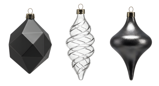 Modern black and silver Christmas tree ornaments set with geometric and spiral shapes, elegant holiday decorations perfect for festive decor