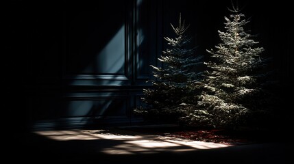 Two snow-covered pine trees on right against dark background with left-side dark wall, sunlight from upper right casting tree shadows and light spots on wall and carpet, strong light-dark contrast