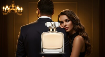 Perfume bottle with a couple in an elegant setting