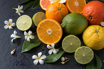 citrus fruits on a wooden table