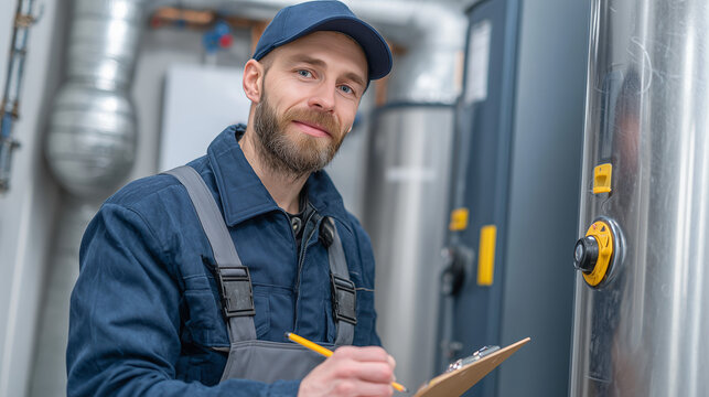 Man in blue uniform with clipboard inspecting industrial equipment in a mechanical room setting