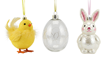 Set of Easter tree ornaments including a yellow chick, cracked white egg, and silver bunny, festive decorations perfect for spring holiday celebrations