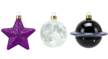 Purple star, moon, and planet Christmas ornaments isolated on white, festive decorations perfect for holiday design