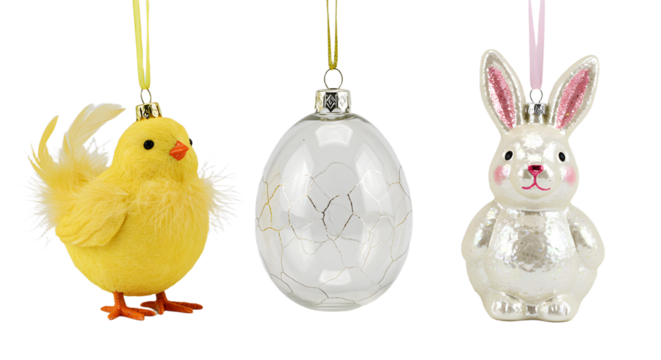Set of Easter tree ornaments including a yellow chick, cracked white egg, and silver bunny, festive decorations perfect for spring holiday celebrations