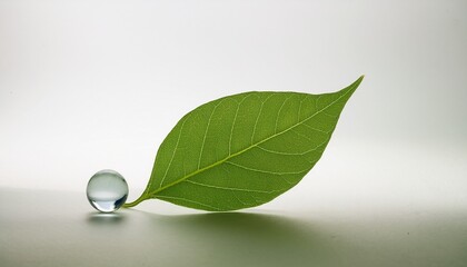A Green Leaf With Visible Veins And A Tiny Glass Sphere On A White Background Symbolizing Naturers Beauty And Fragility In A Serene Minimal Composition