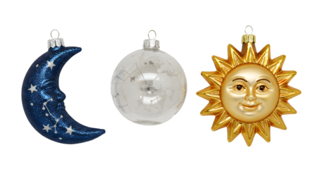 Set of three celestial Christmas tree ornaments shaped like a blue crescent moon, silver sphere, and golden sun with face, perfect for holiday decorating