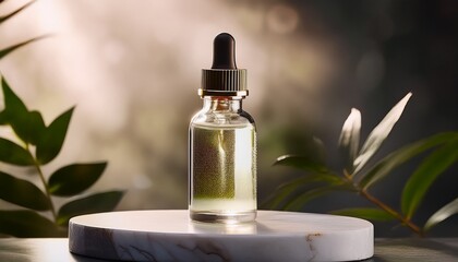 A Glass Dropper Bottle On A Marble Base Surrounded By Soft Misty Light