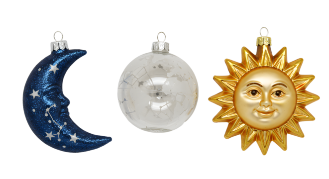 Set of three celestial Christmas tree ornaments shaped like a blue crescent moon, silver sphere, and golden sun with face, perfect for holiday decorating