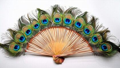 A Fan Made Of Peacock Feathers With Vibrant Colors Against A White Background