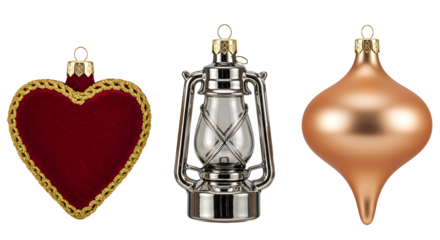 Vintage heart, lantern, and teardrop shaped Christmas ornaments with gold accents on white background, perfect for holiday decoration