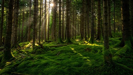 Fototapeta premium Sunlight filtering through a dense forest with mossy ground