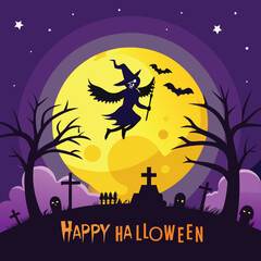 Spooky halloween night scene with silhouettes of haunted elements