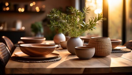 A Cozy Dining Table Setting Featuring Rustic Bowls A Plant In A Vase And Warm Lighting Creating An Inviting Atmosphere