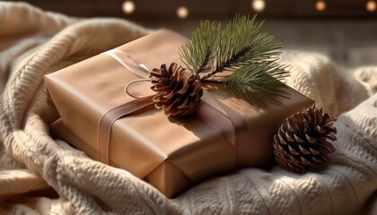 A Cozy Scene Of A Gift Wrapped Present Resting On A Soft Blanket The Present Is Adorned With Two Pine Cones And Tied With A Bow Adding To Its Festive Charm