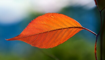 Obraz premium A Close Up Of A Single Leaf With A Blurred Background Featuring Vibrant Orange And Red Hues Against A Blue Green Backdrop