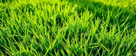Lush green grass texture, vibrant emerald hue, sunlit meadow, nature, countryside