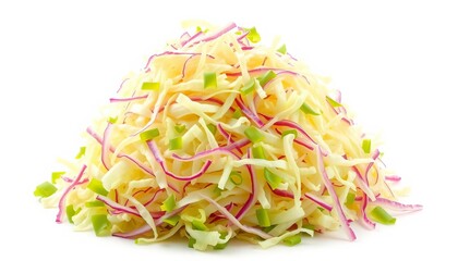 A mound of shredded iceberg lettuce against a pure white backdrop,   isolated,  shredded lettuce