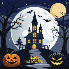 Spooky halloween night scene with a haunted mansion and moon