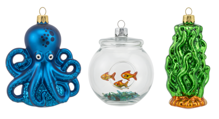 Vintage glass Christmas ornaments in shapes of blue octopus, fishbowl with goldfish, and green coral, perfect for nautical holiday decor