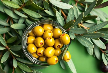 Canned green olives and fresh olive leaves, olive green background,   organic,   culinary