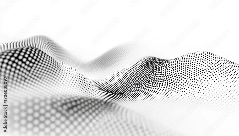 Poster Abstract Halftone Wave In Black On White Background: Particle Wallpaper Featuring Gradient Curve Energy And Circle Shape Dotted Pattern For Poster Design.