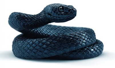 A sleek, dark snake, coiled with its head raised, looking directly forward. Its scales shimmer in the light against a stark white backdrop