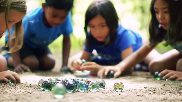 Children playing marbles outdoors in a forest