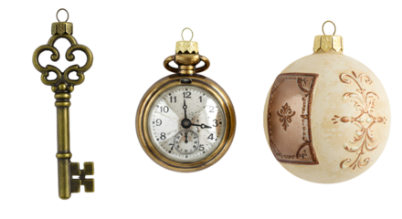 Vintage key, pocket watch, and antique Christmas ornament set on white background, perfect for nostalgia or holiday themes