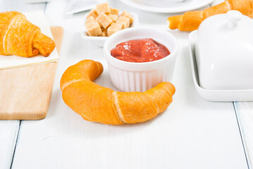 breakfast on white wood table