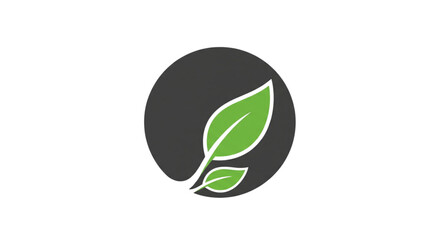 Minimalist green leaves logo icon in a dark grey circle on white background, representing nature, growth, and eco-friendly concepts.