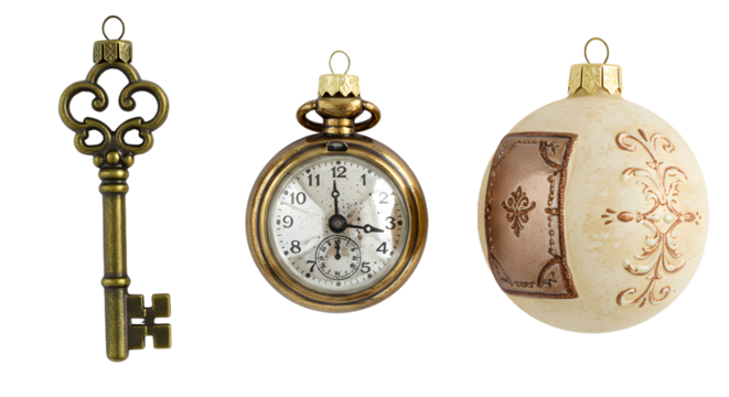 Vintage key, pocket watch, and antique Christmas ornament set on white background, perfect for nostalgia or holiday themes