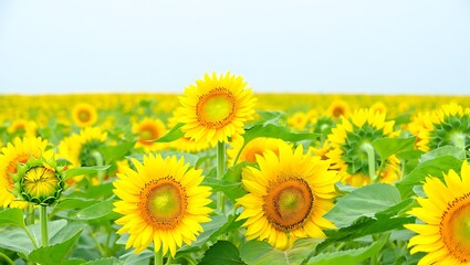Fototapeta premium Vast field of bright yellow sunflowers under a pale sky