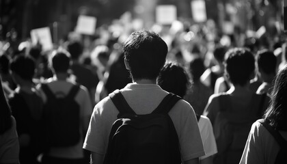 Fototapeta premium Protesters Gather In Simple Black And White Backview - A Captivating Image Of Unity And Strength In The Crowd.