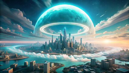 Illustration of futuristic glowing renewable ring city powered by futuristic eco clean energy