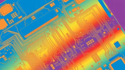 Vibrant rainbow circuit board design evokes technology innovation and digital connectivity for modern designs