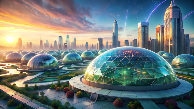 Illustration of futuristic neon eco dome city surrounded by renewable futuristic clean power  