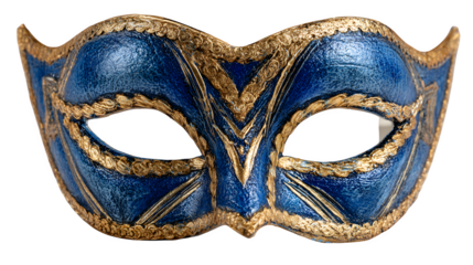 Blue superhero mask with gold trim festive design, isolated on white background