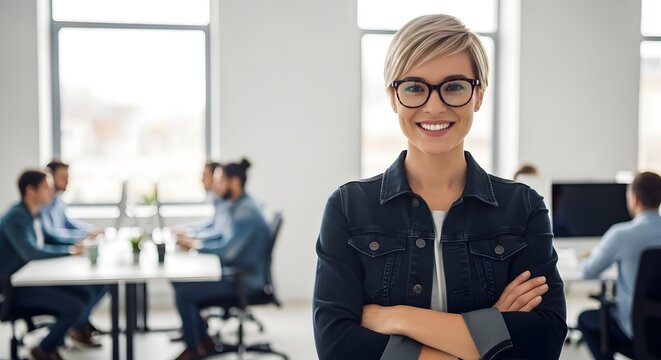 Successful businesswoman in modern workplace with staff