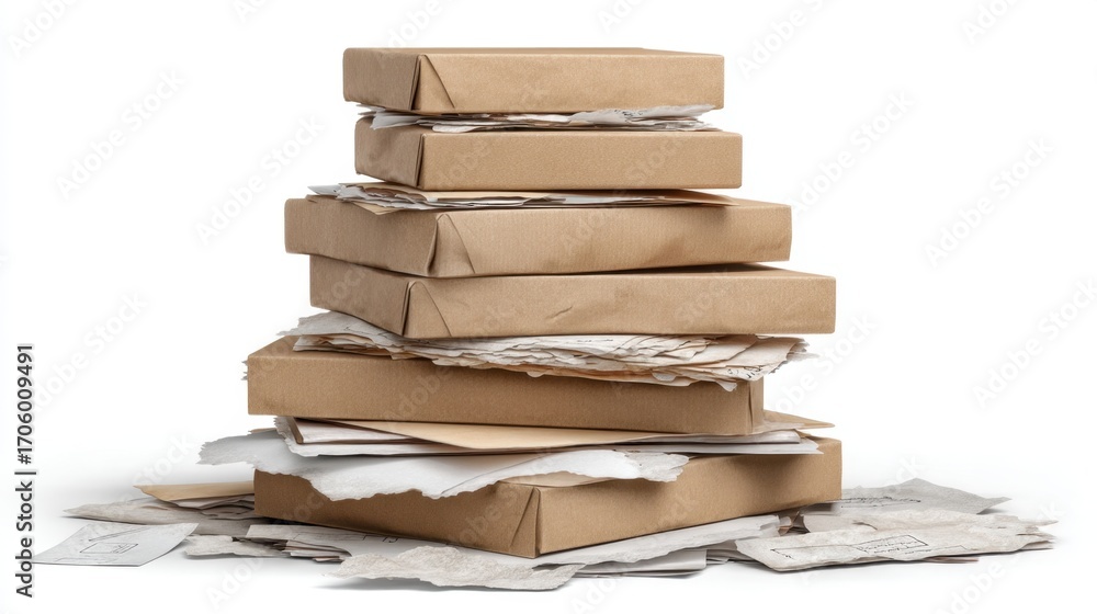 Poster stacked cardboard boxes with documents and papers on a white background, showcasing organization and