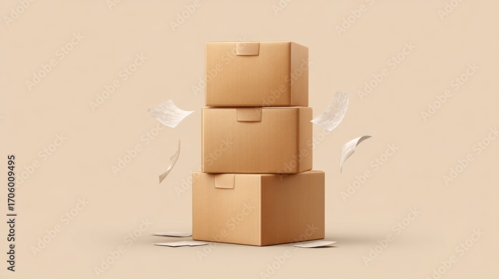 Aufkleber stacked cardboard boxes on a soft beige background with floating papers for shipment and delivery co