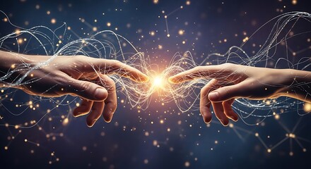 Two hands touching creating a digital network connection.