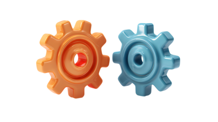 Two gear wheels 3d icons in cartoon plastic style isolated on a transparent background
