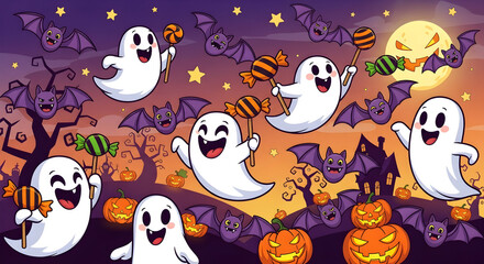 Festive halloween cartoon illustration with happy ghosts bats pumpkins and candies