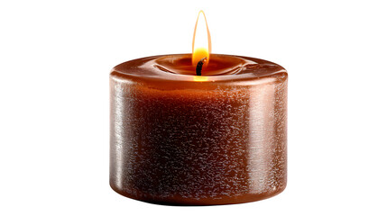Brown burning candle with soft shadow, isolated on white background