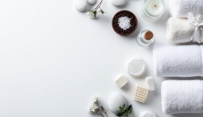 Pristine, white spa arrangement with neatly folded towels, candles, stones, soap, and small delicate flowers on a blank backdrop